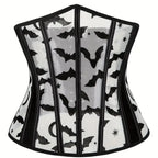 Gothic Bat Print Mesh Corset | Boned Waist Cincher | Black