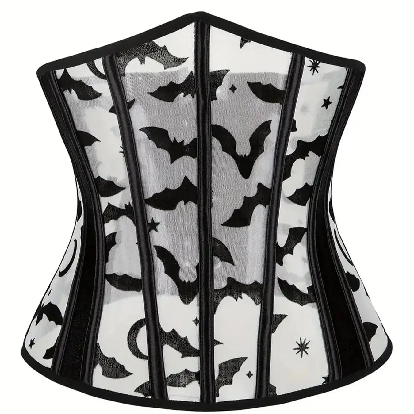 Gothic Bat Print Mesh Corset | Boned Waist Cincher | Black