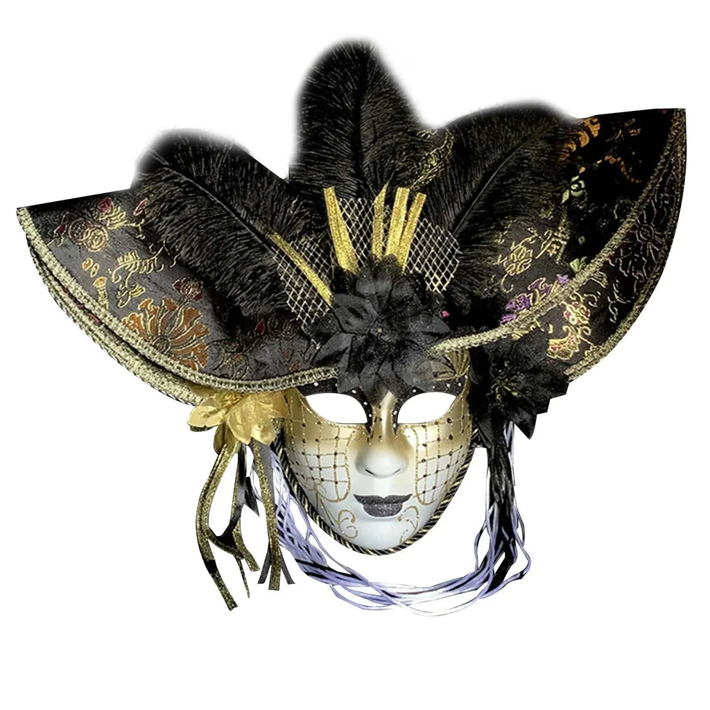 Venetian Hat Mask | Full Face & Feather Trim | Black & Red