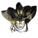 Venetian Hat Mask | Full Face & Feather Trim | Black & Red