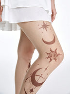 Star & Moon Print Tights | Sheer Patterned Pantyhose | Black & Nude