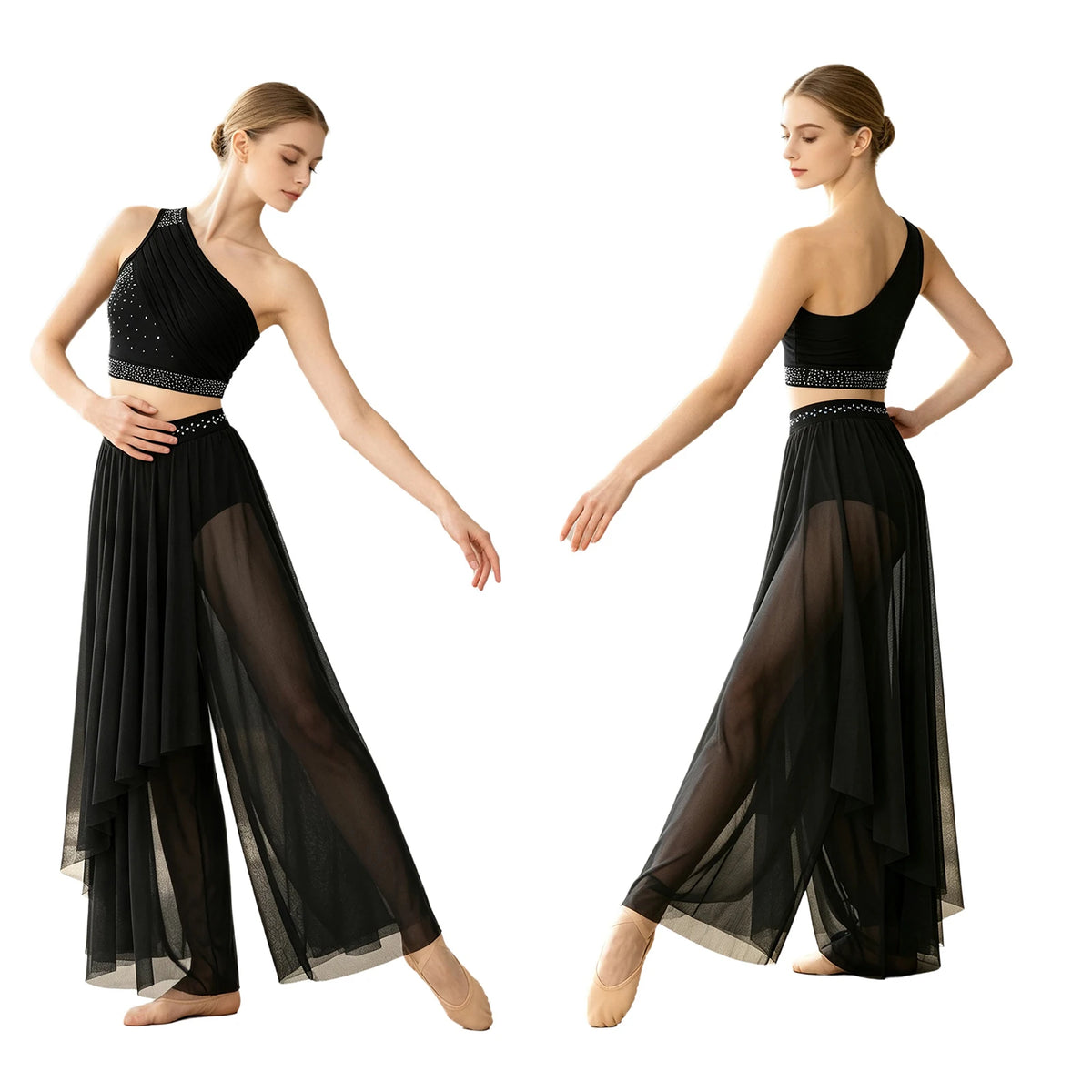 Rhinestone Crop Top & Sheer Pants Set | Lyrical Dance | Built-In Brief