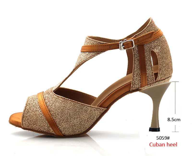 Glitter T-Strap Latin Dance Sandals | Thin Heel | 6–10cm | Nude