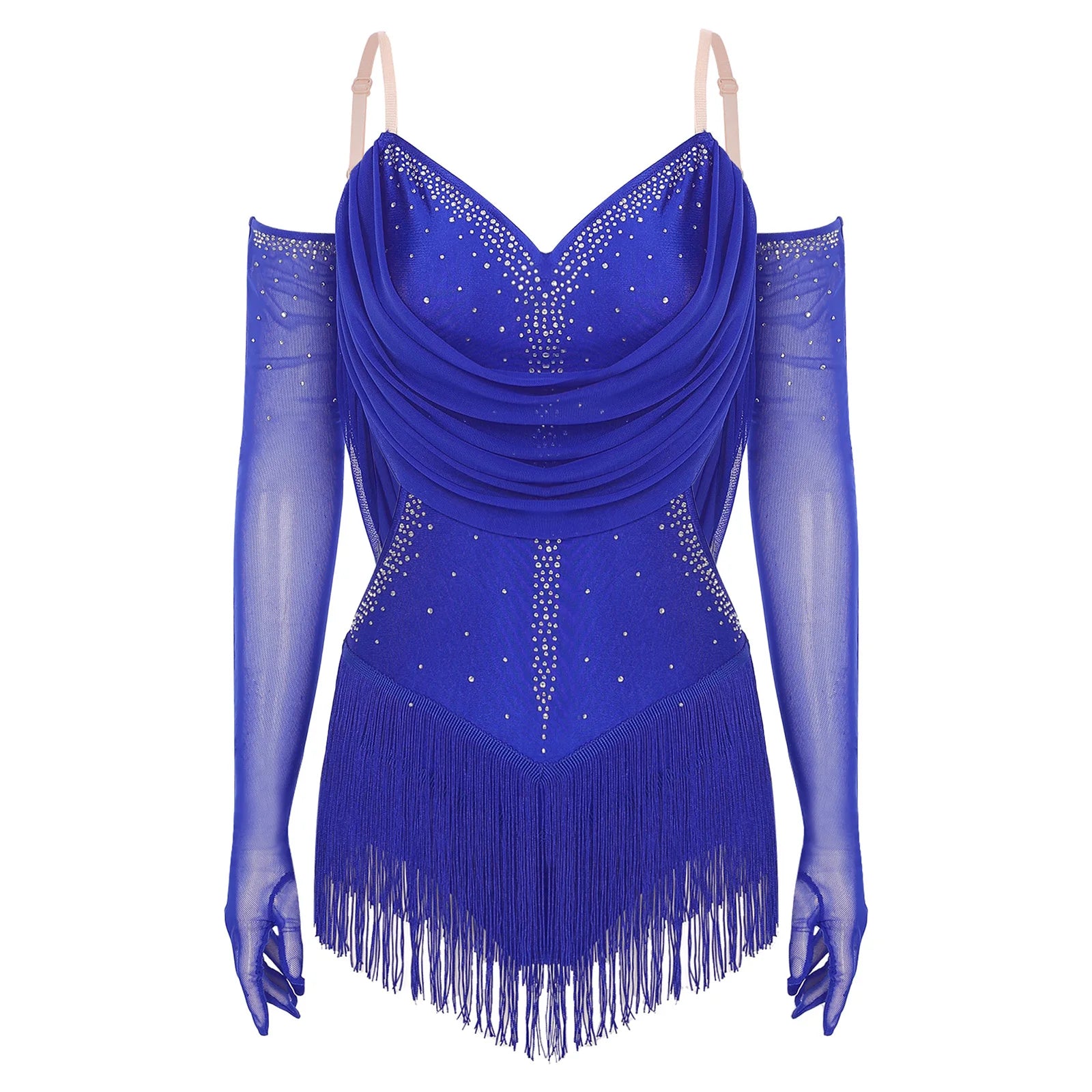 Women's Latin Dance Bodysuit | Fringe & Rhinestone | With Gloves