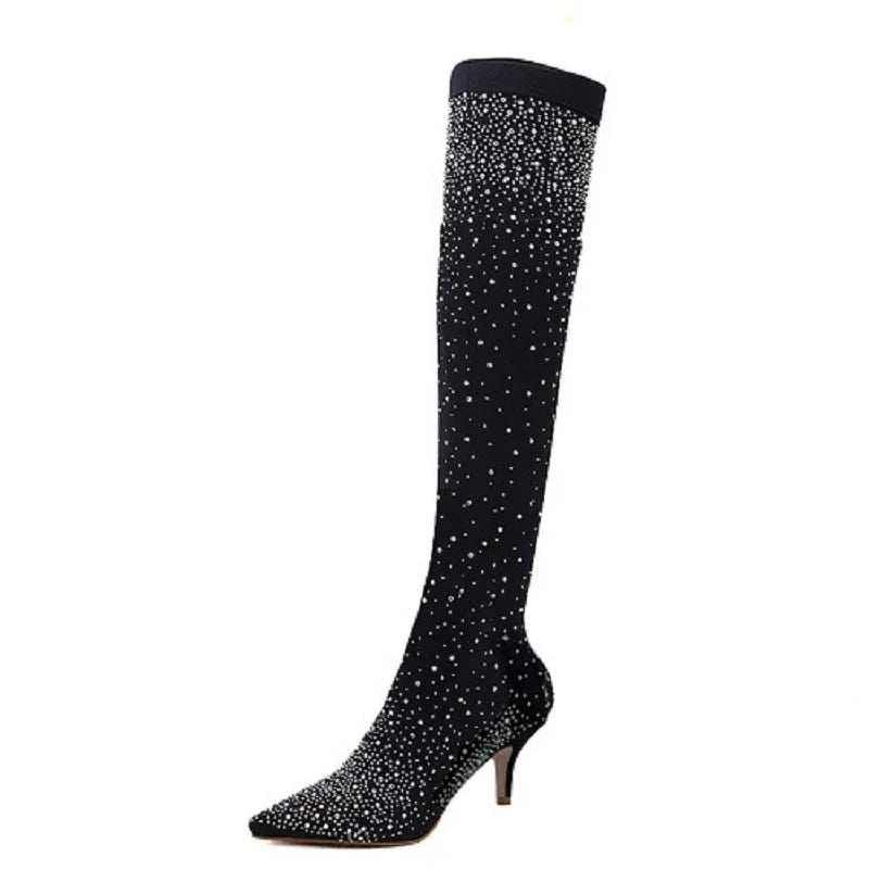 Crystal Rhinestone Stretch Sock OTK Boots | Stiletto | 7cm & 12cm