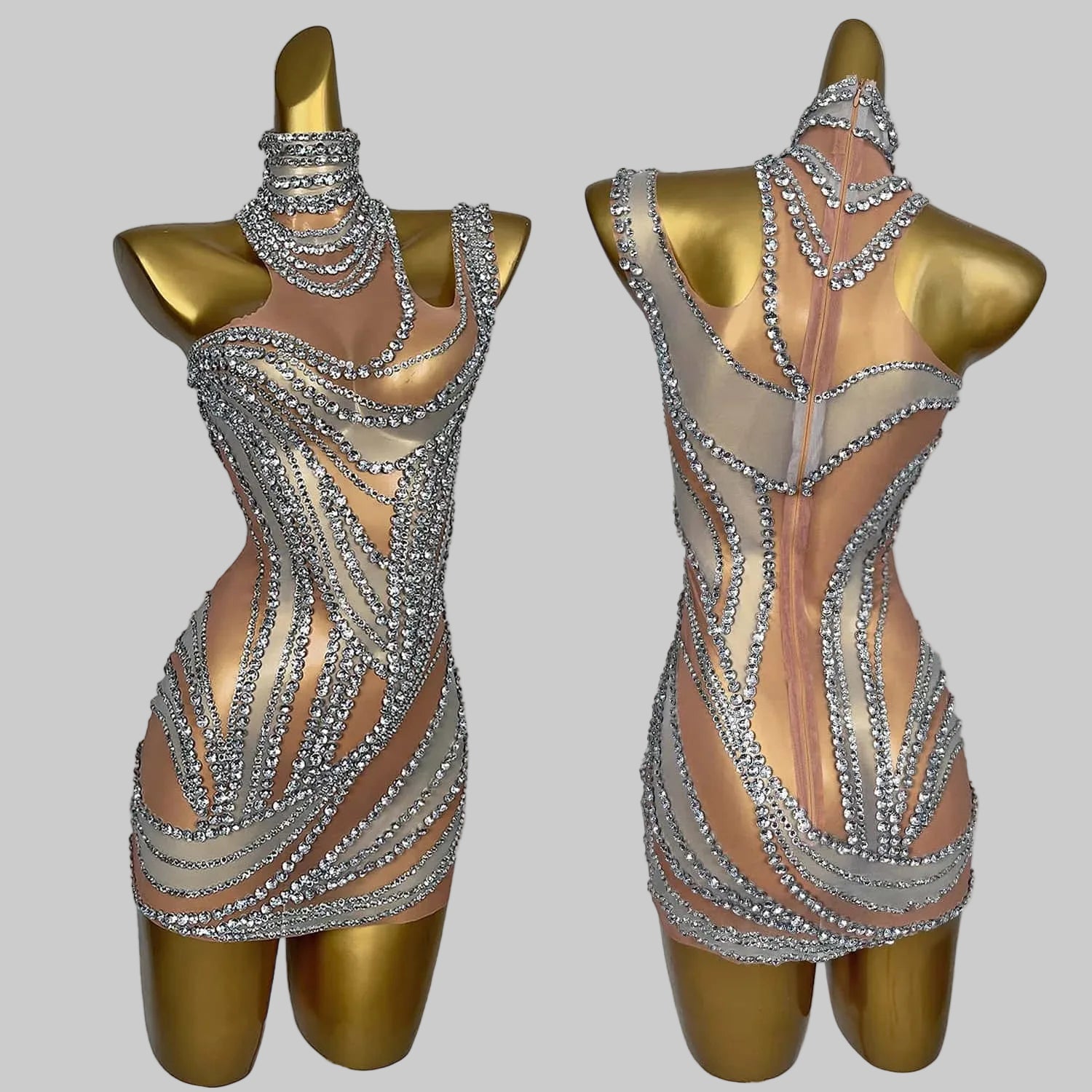 Rhinestone Mini Dress - Sparkly Halter Performance Dress