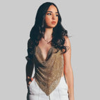 Rhinestone Mesh Halter Crop Top - Shiny Metal Hollow-Out Backless Tank for Stage & Festival