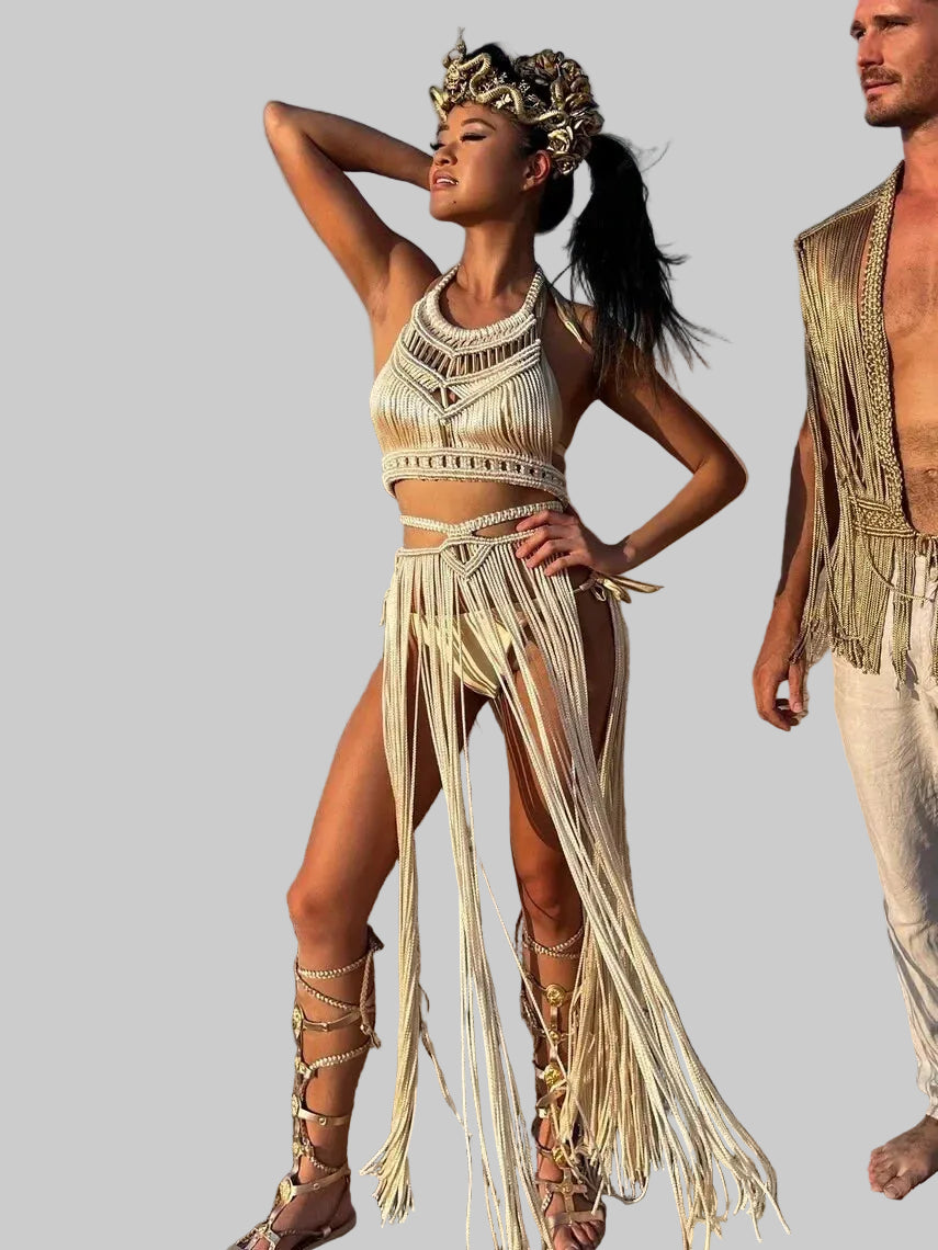 Bohemian Desert Dream Tassel Crop Top & Maxi Skirt Set - Festival & Performance Wear