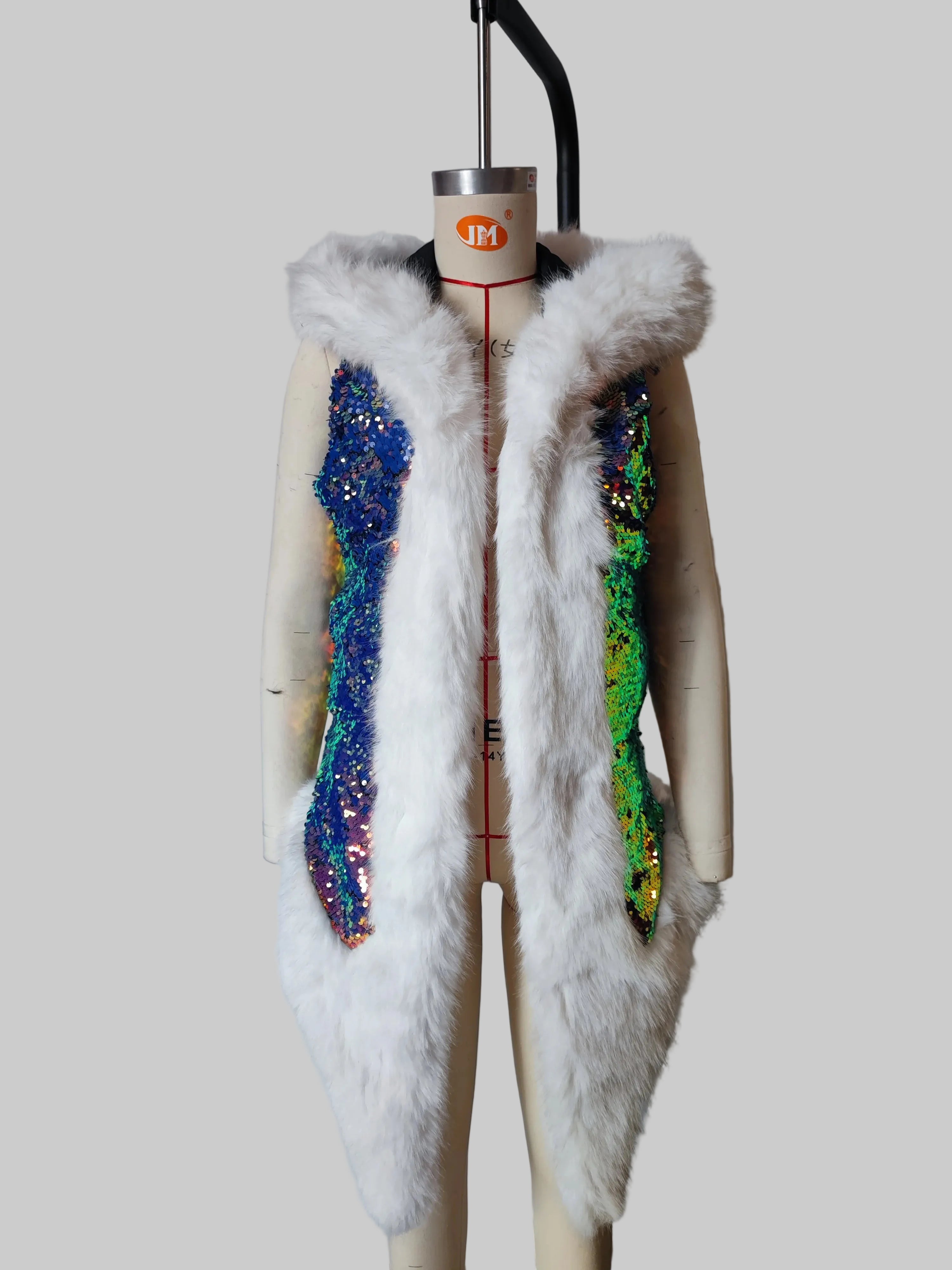LED Sequin Faux Fur Vest - USB Control Light Up Hooded Performance Jacket