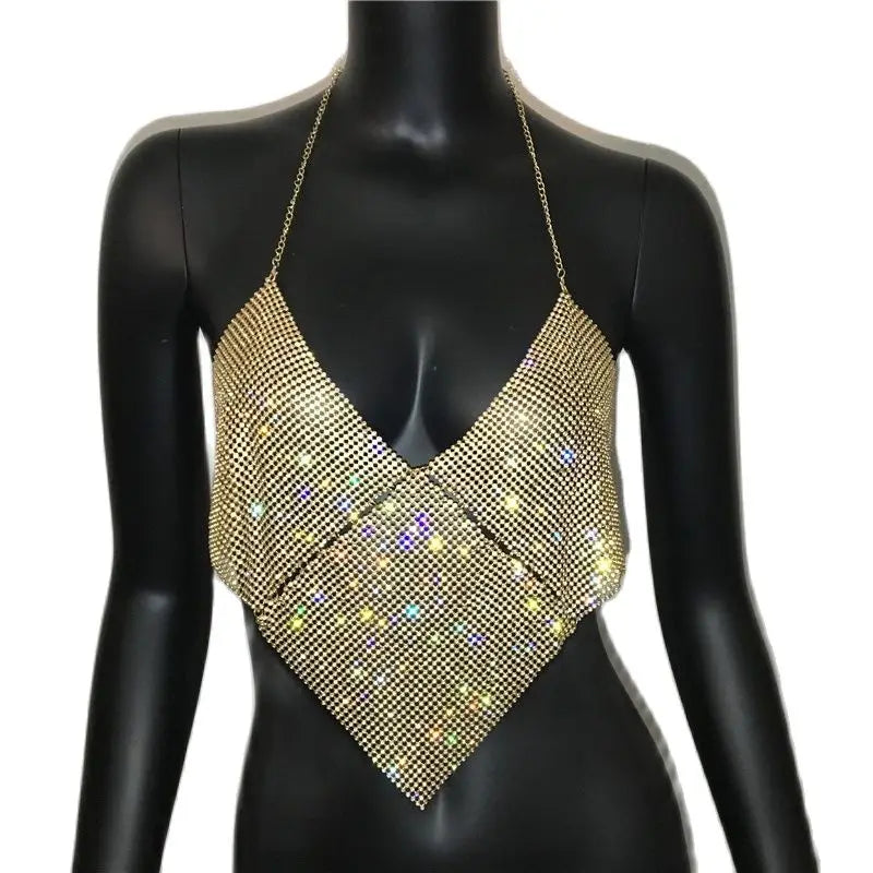 Rhinestone Halter Crop Top - Backless Metal Camisole for Festival & Stage