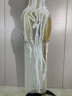 Pearl Strand Mesh Gown | See-Through | High Neck | White