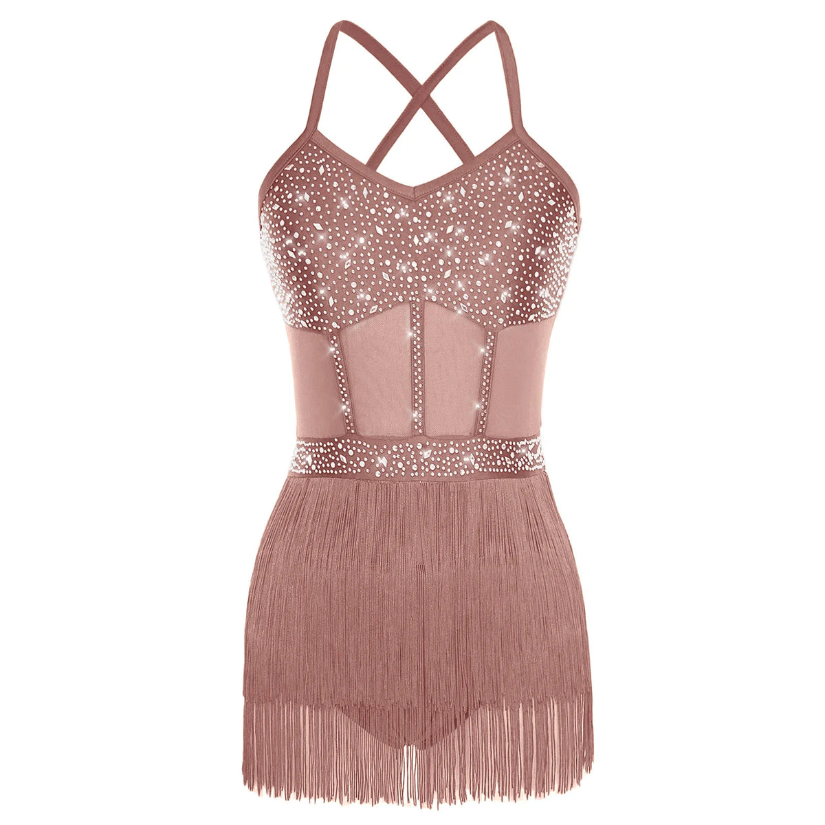Women's Rhinestone Fringe Latin Dance Dress | Sheer Mesh & Tiered Tassel Skirt | Includes Arm Gloves