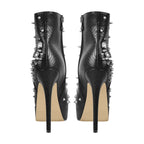 Rhinestone Rivet Platform Ankle Boots | Round Toe Stiletto | Black
