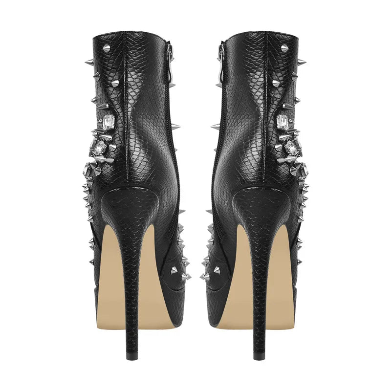 Rhinestone Rivet Platform Ankle Boots | Round Toe Stiletto | Black