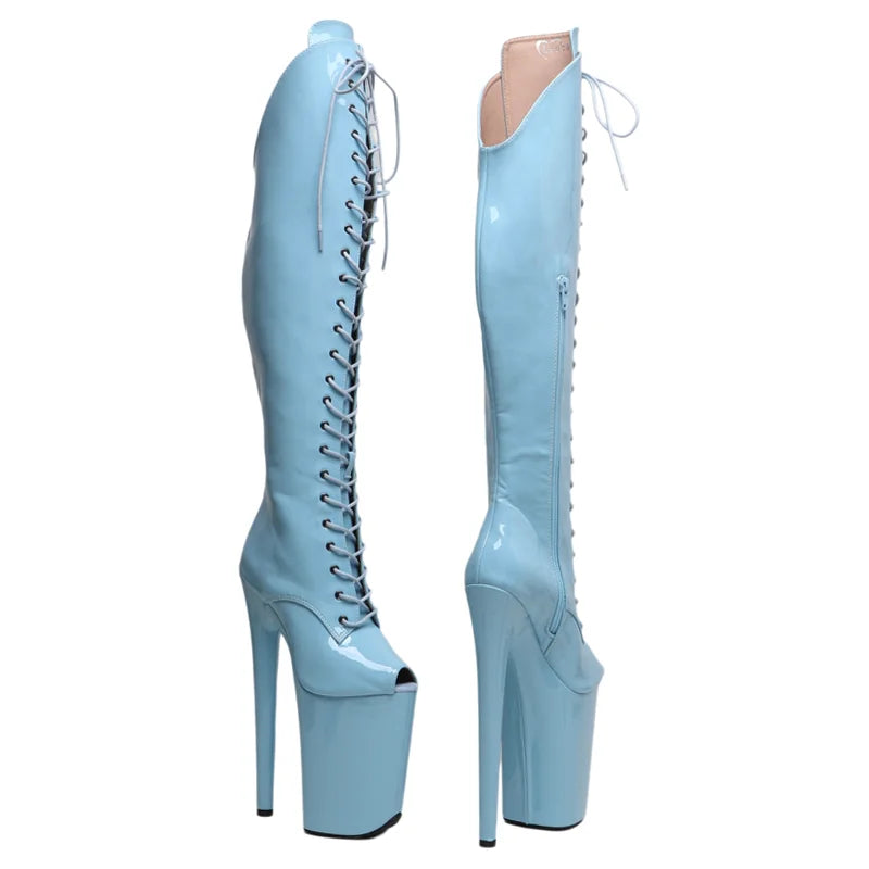 9-Inch Patent Thigh-High Boots - Open Toe Platform Dance Boots
