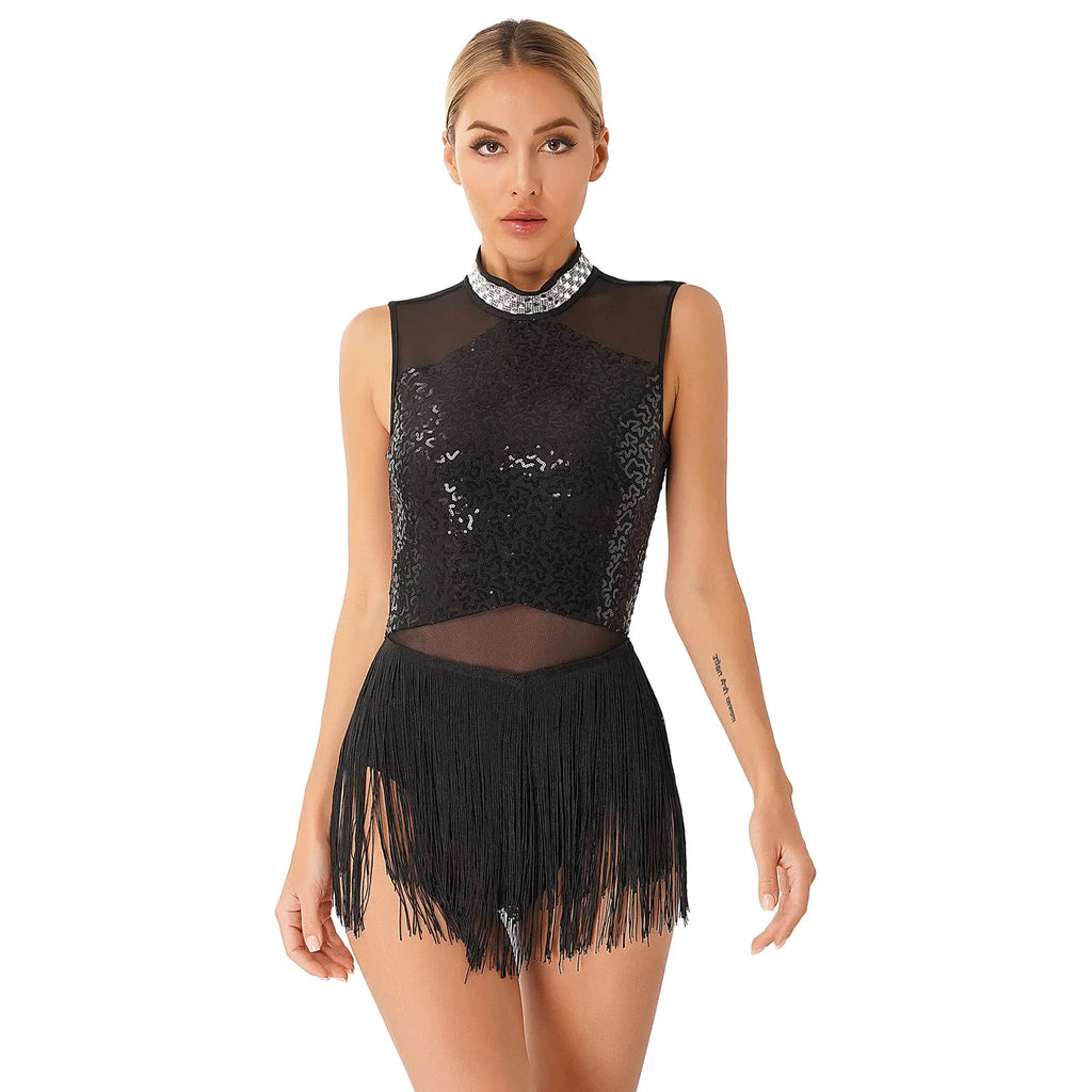 Sequin Tassel Leotard Dress | Mock Neck | Latin Dance