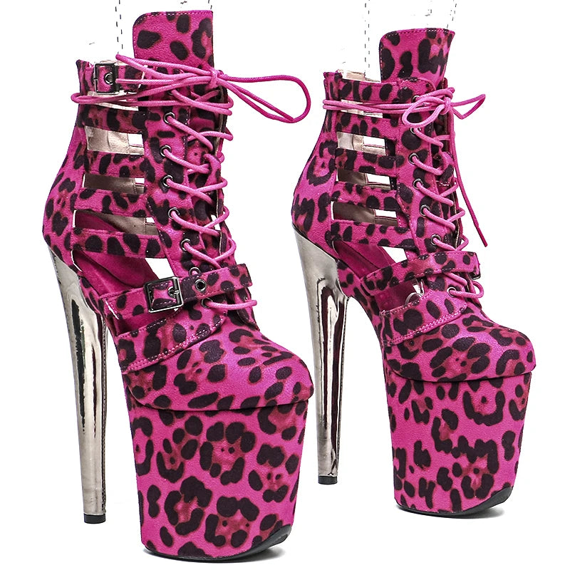 Leopard Print Platform Ankle Boots - 20cm Ultra High Heels for Pole Dance
