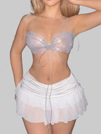 Rhinestone Mesh V-Neck Crop Top - Sheer Backless Fishnet Tank
