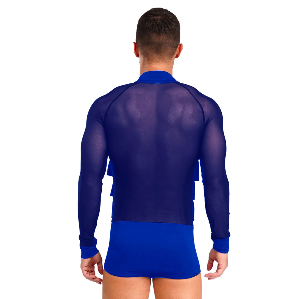 Men's Latin Dance Bodysuit | Mesh Sleeves | Ruffle V-Neck