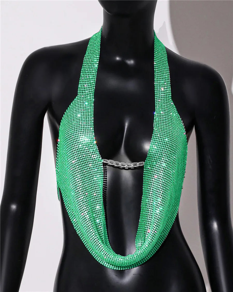 Rhinestone Chain Halter Crop Top - Metal Chain Strap Festival Top