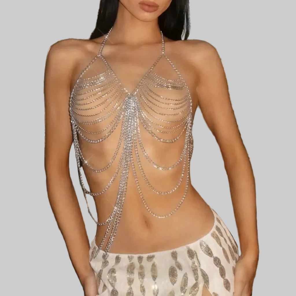 Metal Chain Tassel Body Chain Top - Backless Halter Sequin Tank