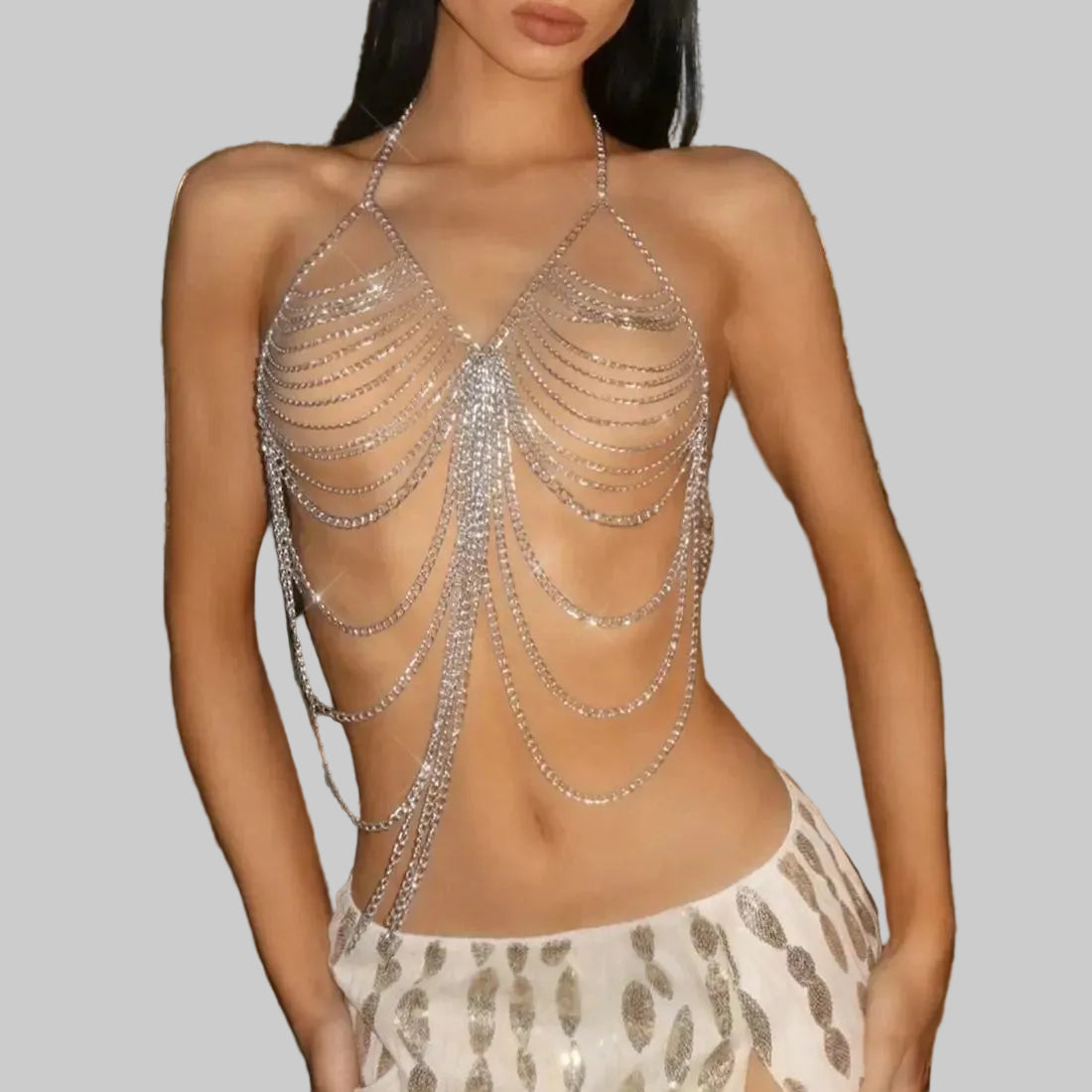 Metal Chain Tassel Body Chain Top - Backless Halter Sequin Tank