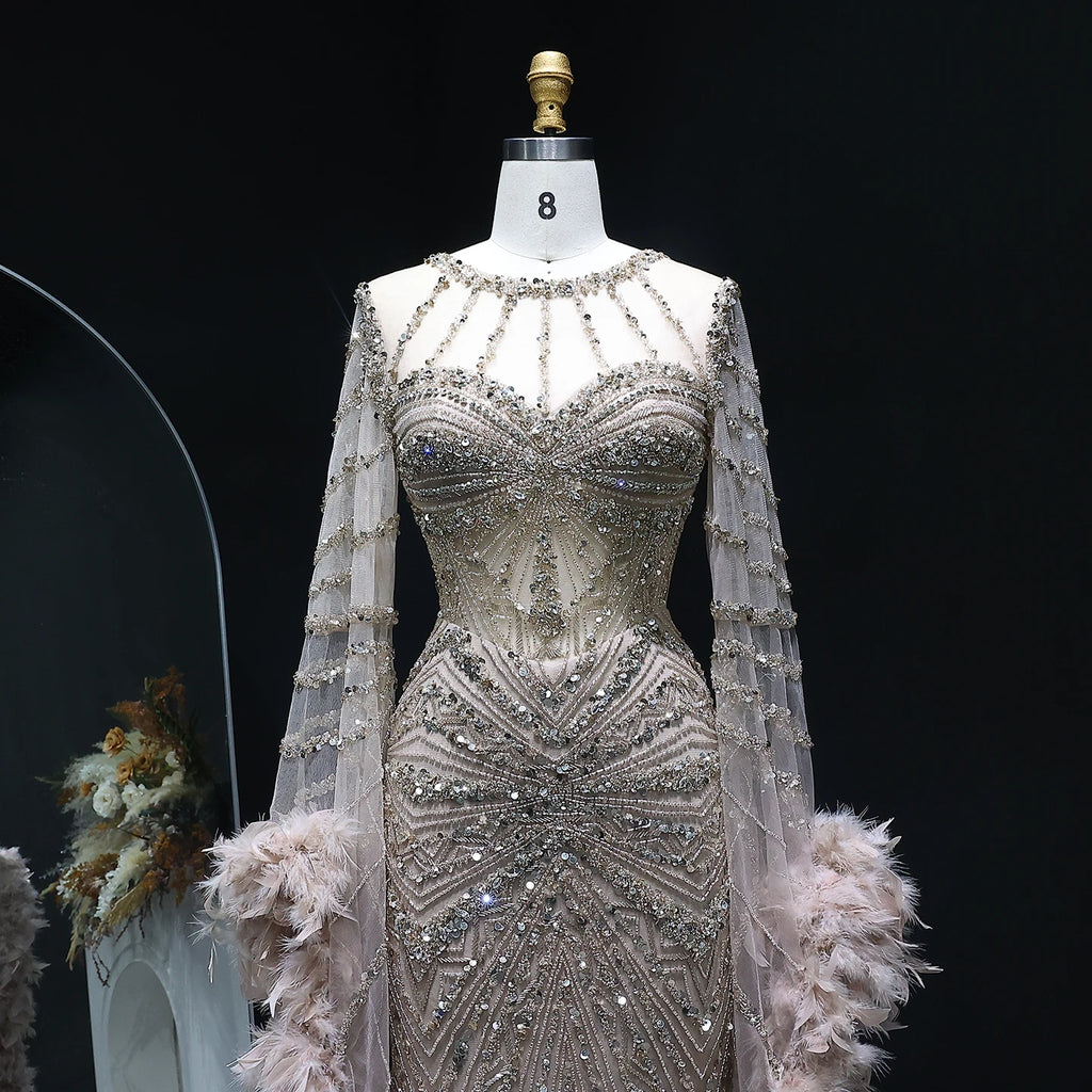Beaded Mermaid Gown | Feather Cape Sleeves | Caramel & Pink