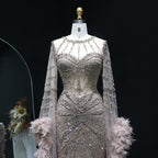 Beaded Mermaid Gown | Feather Cape Sleeves | Caramel & Pink