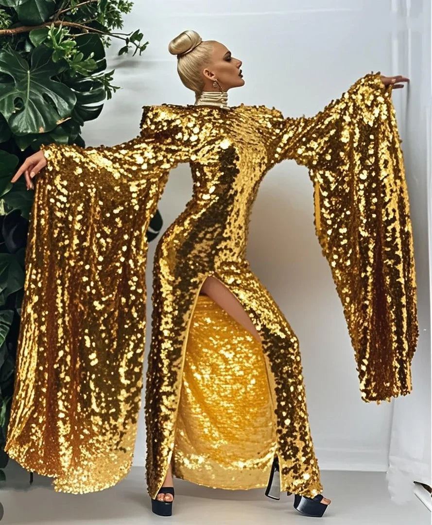 Gold Sequin Puff Sleeve Gown | Stage & Drag