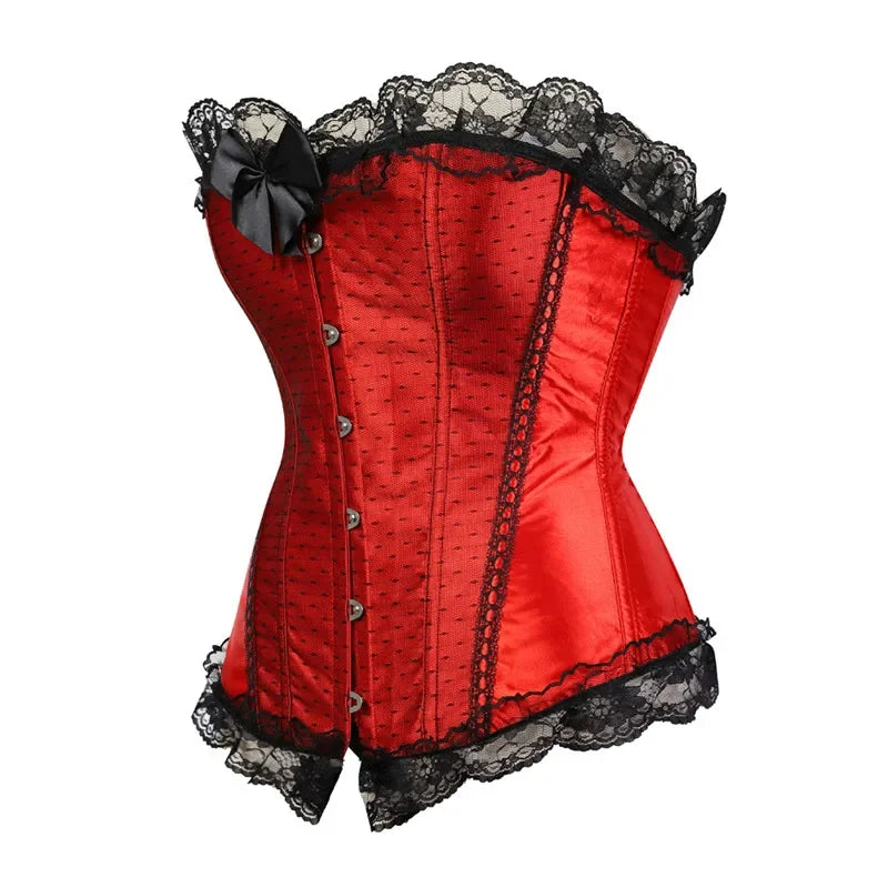 Red Satin Overbust Corset Dress | Black Lace & Tulle | Burlesque & Victorian | XXS–7XL