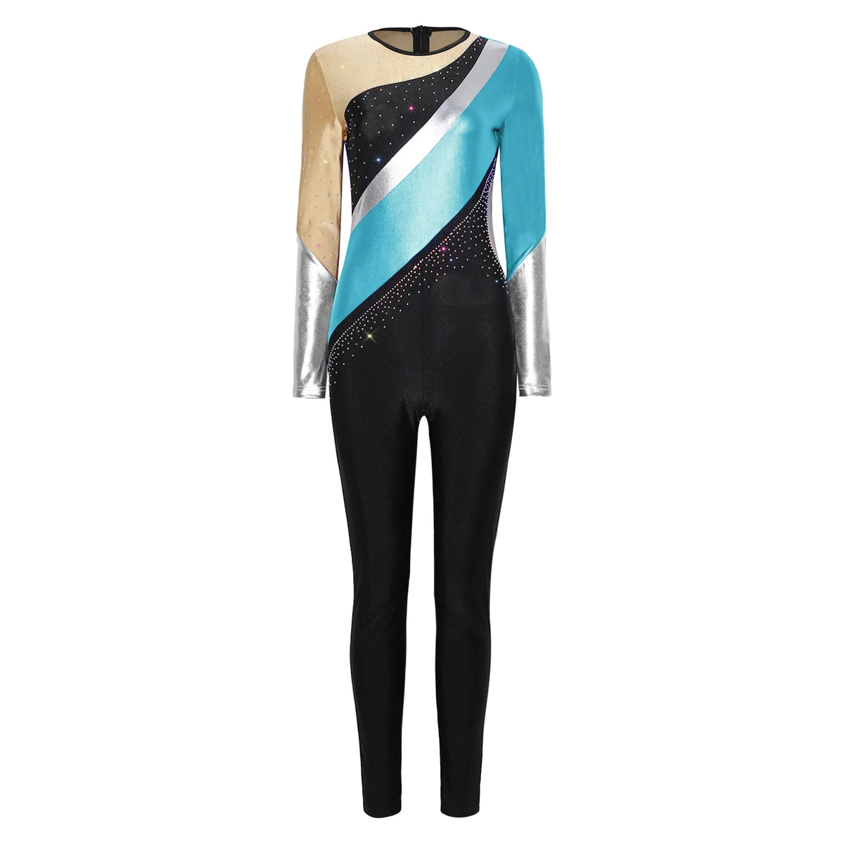 Color Block Metallic Unitard | Long Sleeve Rhinestone | Back Zip | Gymnastics Performance