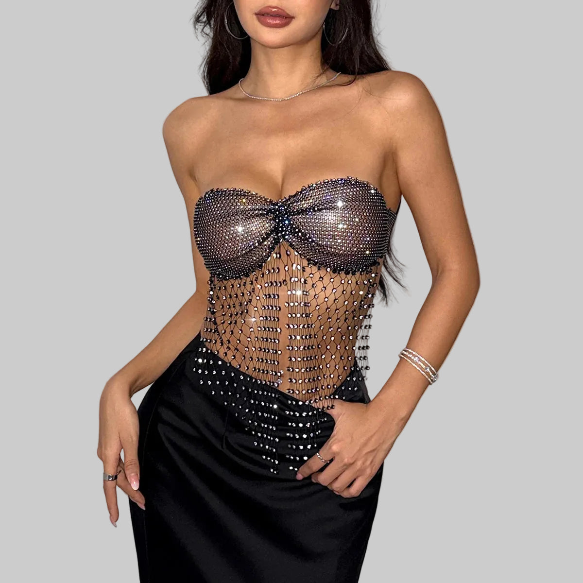 Rhinestone Mesh Bandage Tube Top - Backless Sheer Crop Top