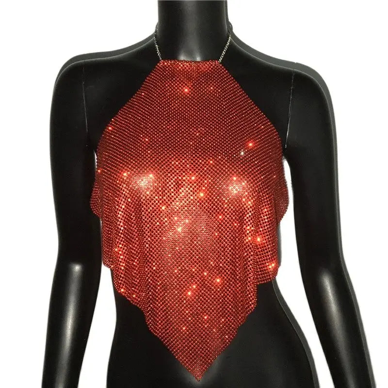 Diamond Grid Rhinestone Bralette - Backless Metal Chain Crop Top