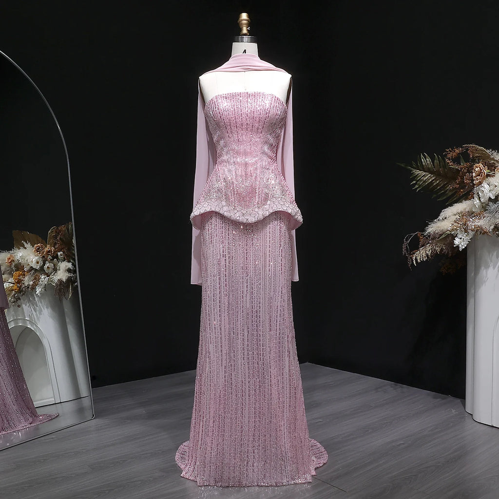 Beaded Two-Piece Gown with Scarf | Strapless Sequin | 4 Colors