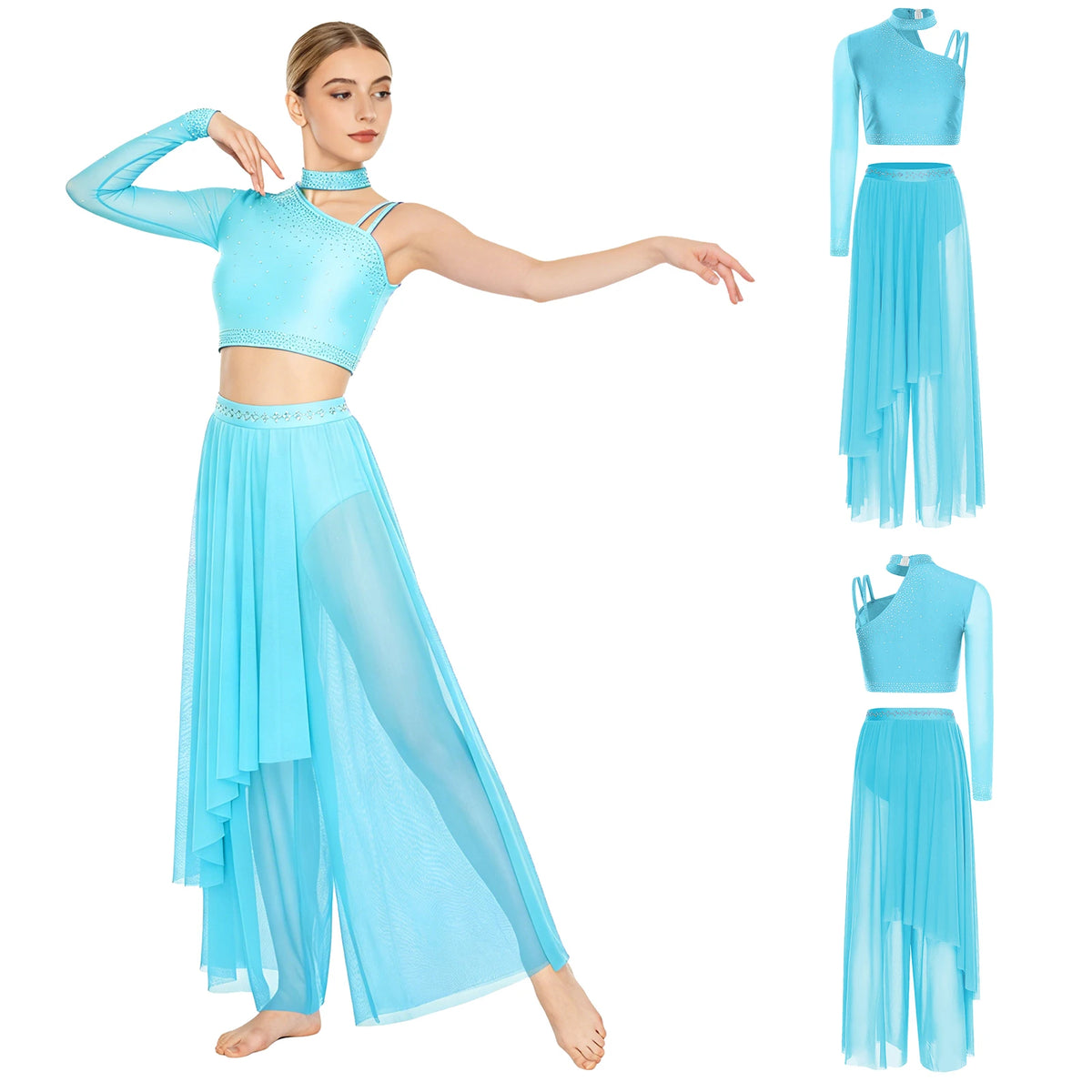 Rhinestone Crop Top & Sheer Pants Set | Lyrical Dance | Built-In Brief