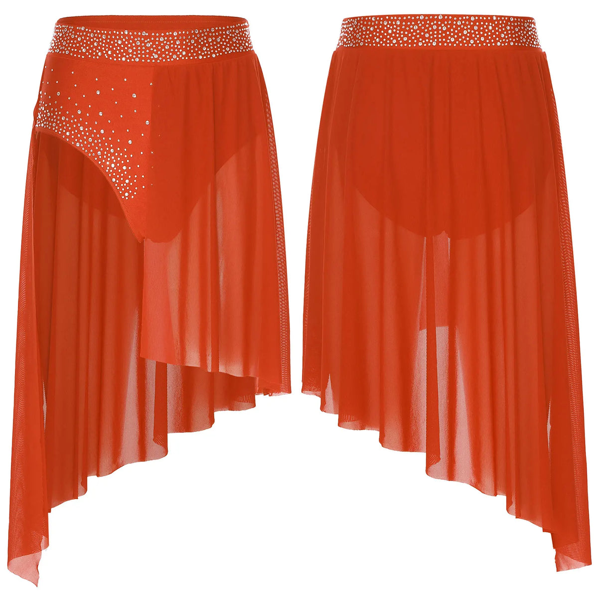 Rhinestone Mesh Dance Skirt | Asymmetric Hem | Built-In Briefs