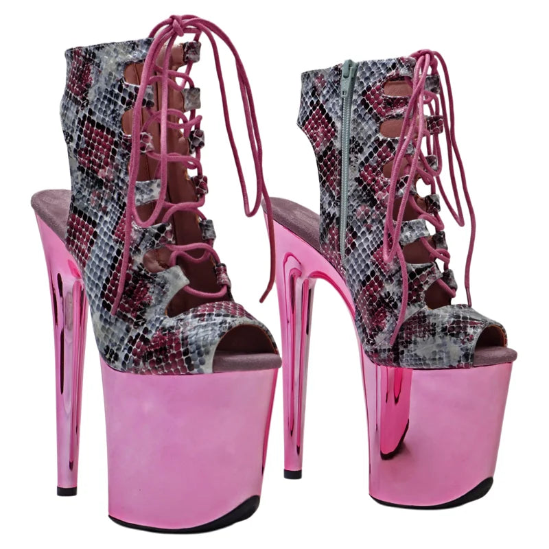 20CM Platform Ankle Boots - Snake Print High Heel with Chrome Platform Base