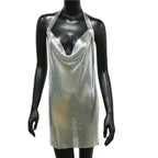 Metal Sequin Halter Mini Dress - Backless V-Neck Side Split Dress