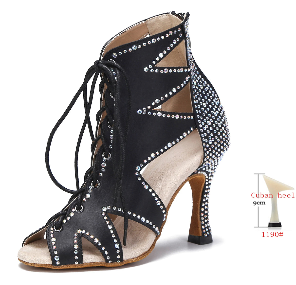 Rhinestone Lace-Up Latin Dance Booties | Black, Red, White & Nude | 6–9cm Heel