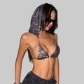 Rhinestone Mesh Hooded Crop Top - Deep V-Neck Backless