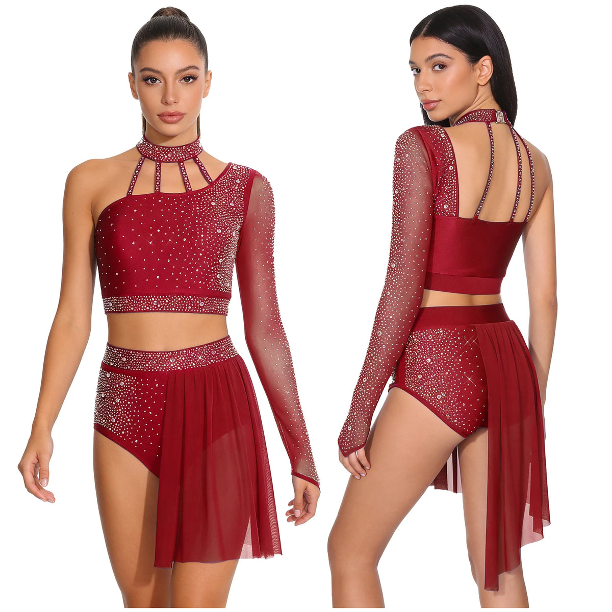 Latin Dance Set | Rhinestone Crop Top & Shorts | Asymmetrical