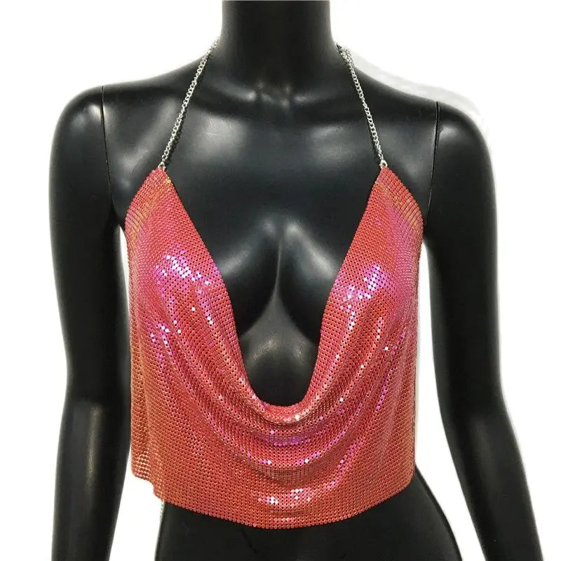 Metallic Sequin Crop Tank - Backless Performance Top