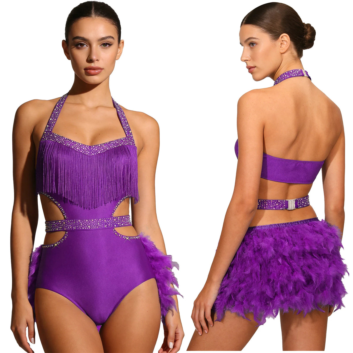 Dance Bodysuit | Rhinestones & Faux Feathers