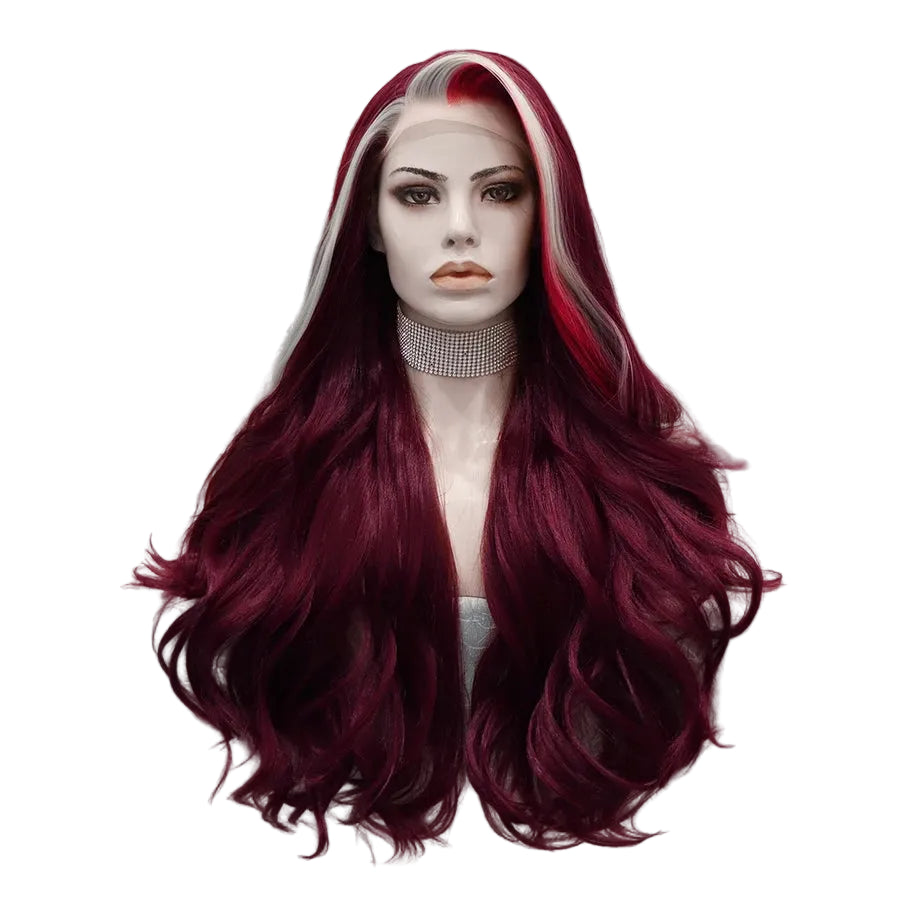 28" Dark Red & White Highlight Wavy Lace Front Wig