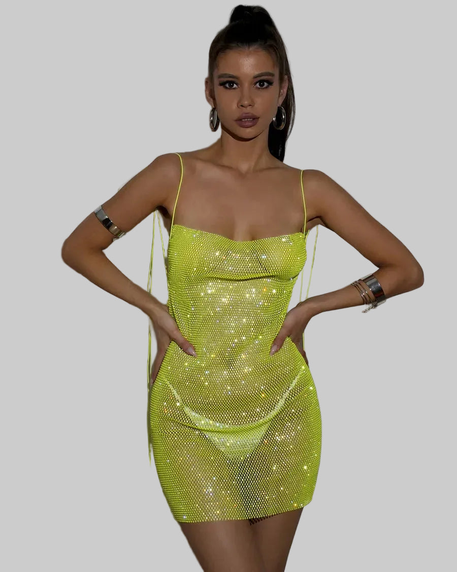 Rhinestone Mesh Bodycon Dress - Sheer Fishnet Mini Dress