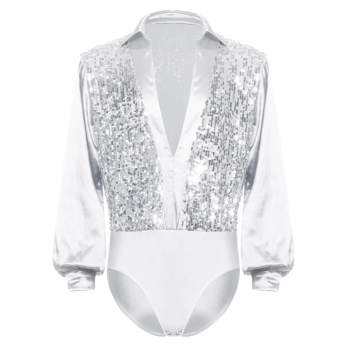Men's Sequin V-Neck Dance Bodysuit | Satin Long Sleeves & Snap Crotch | Latin & Ballet