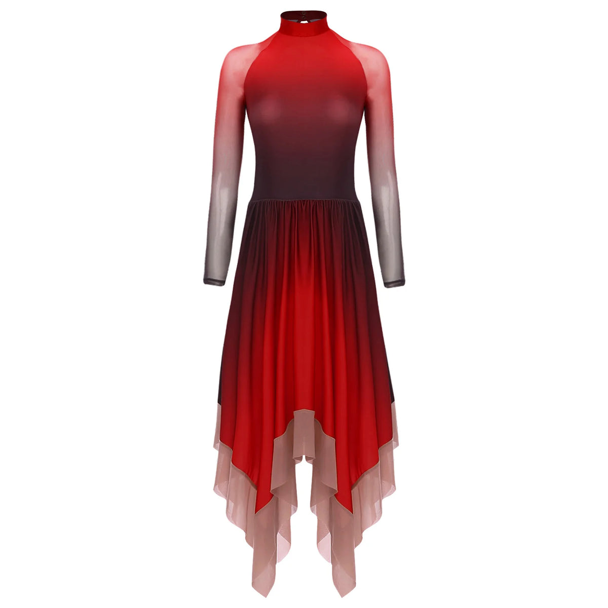 Gradient Lyrical Dance Dress | Mesh Long Sleeve | Keyhole Back | Irregular Hem