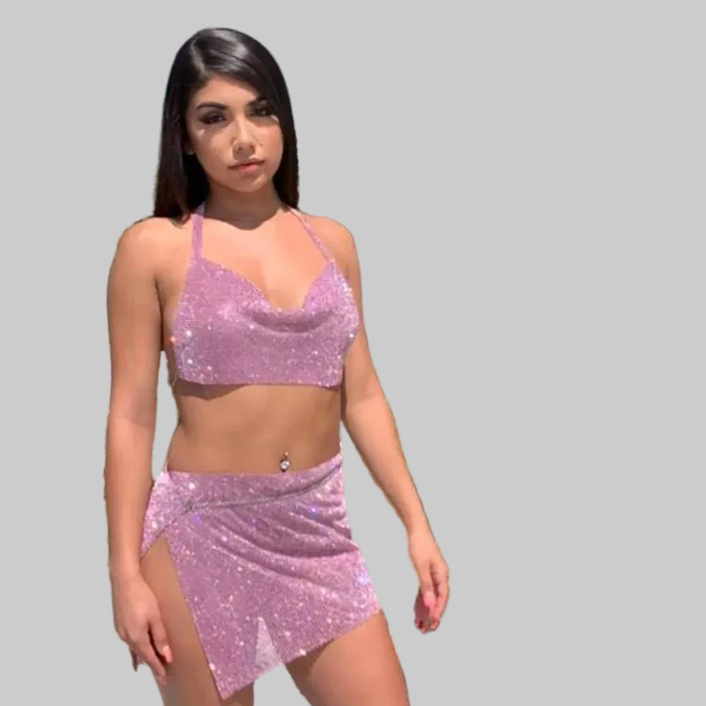 Rhinestone Sequin Halter Crop Top - Backless Metallic Strap Tank for Festival