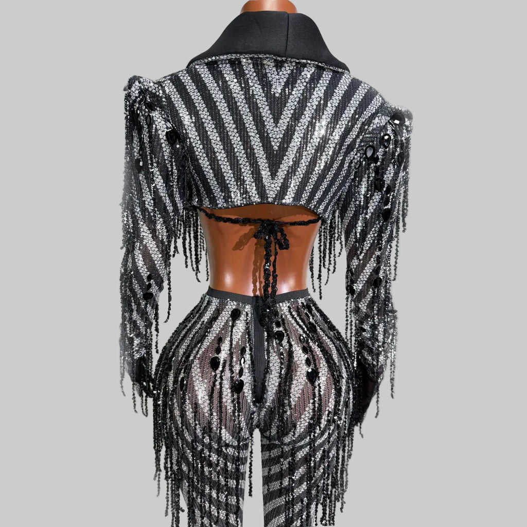 Black & White Stripes Tassel Flared Pants Coat – 2 Piece Stage Outfit