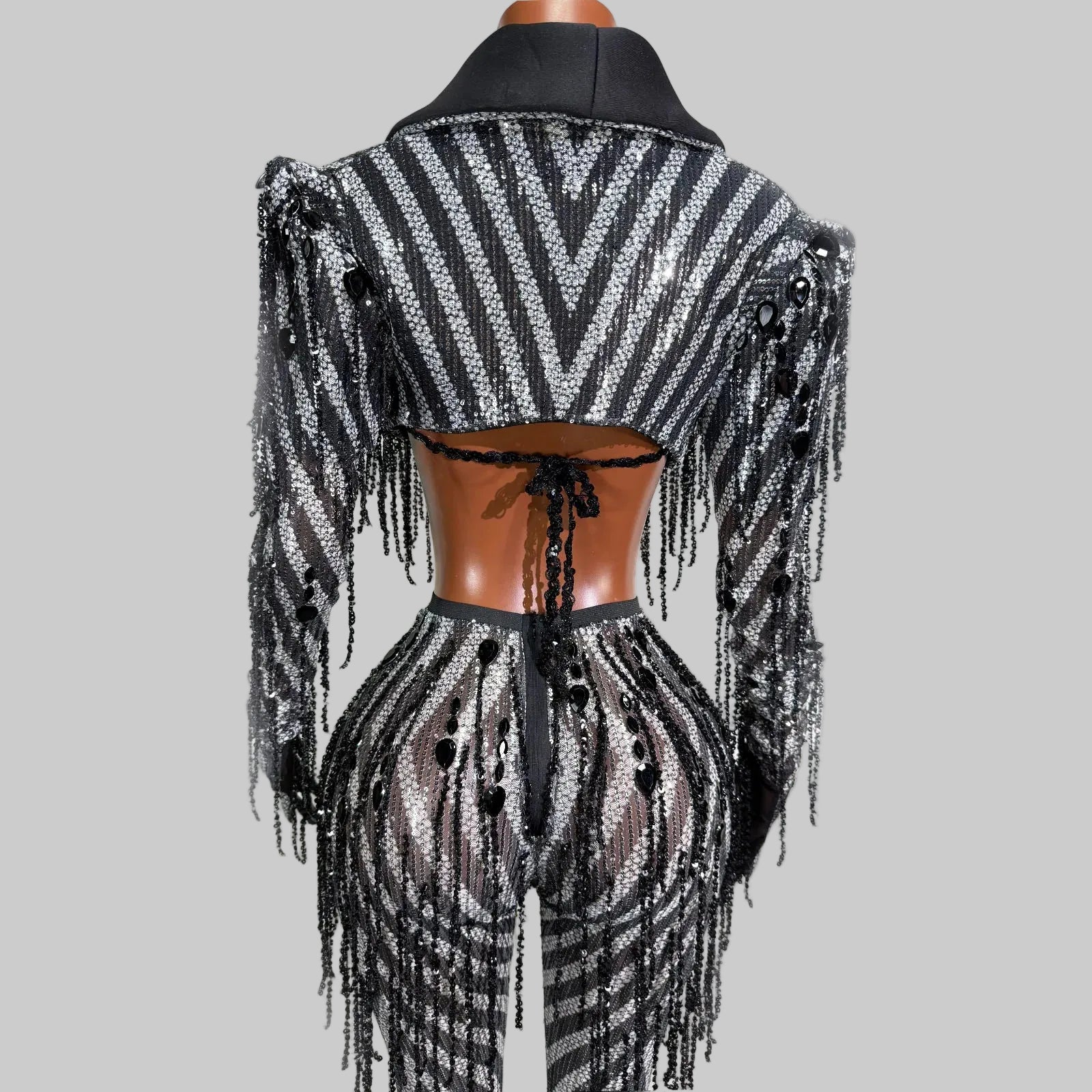 Black & White Stripes Tassel Flared Pants Coat – 2 Piece Stage Outfit